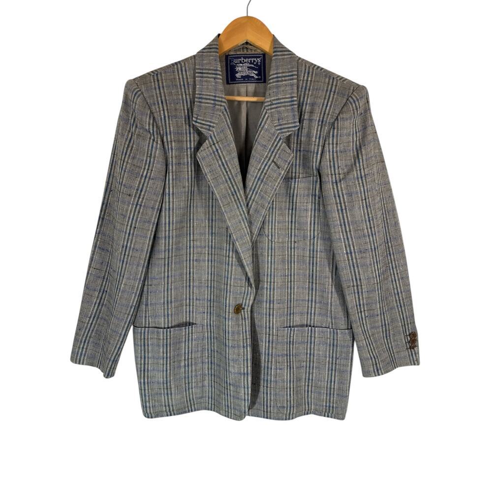 Vintage Burberrys’ Silk Single-Breasted Blazer Gray/Blue Plaid Houndstooth Sz 44